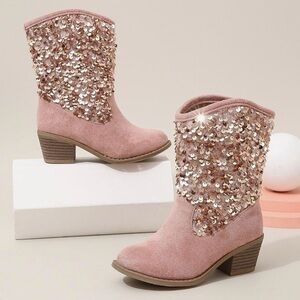 Girls Cowgirl Sequin Embellished Pink Ankle Boots